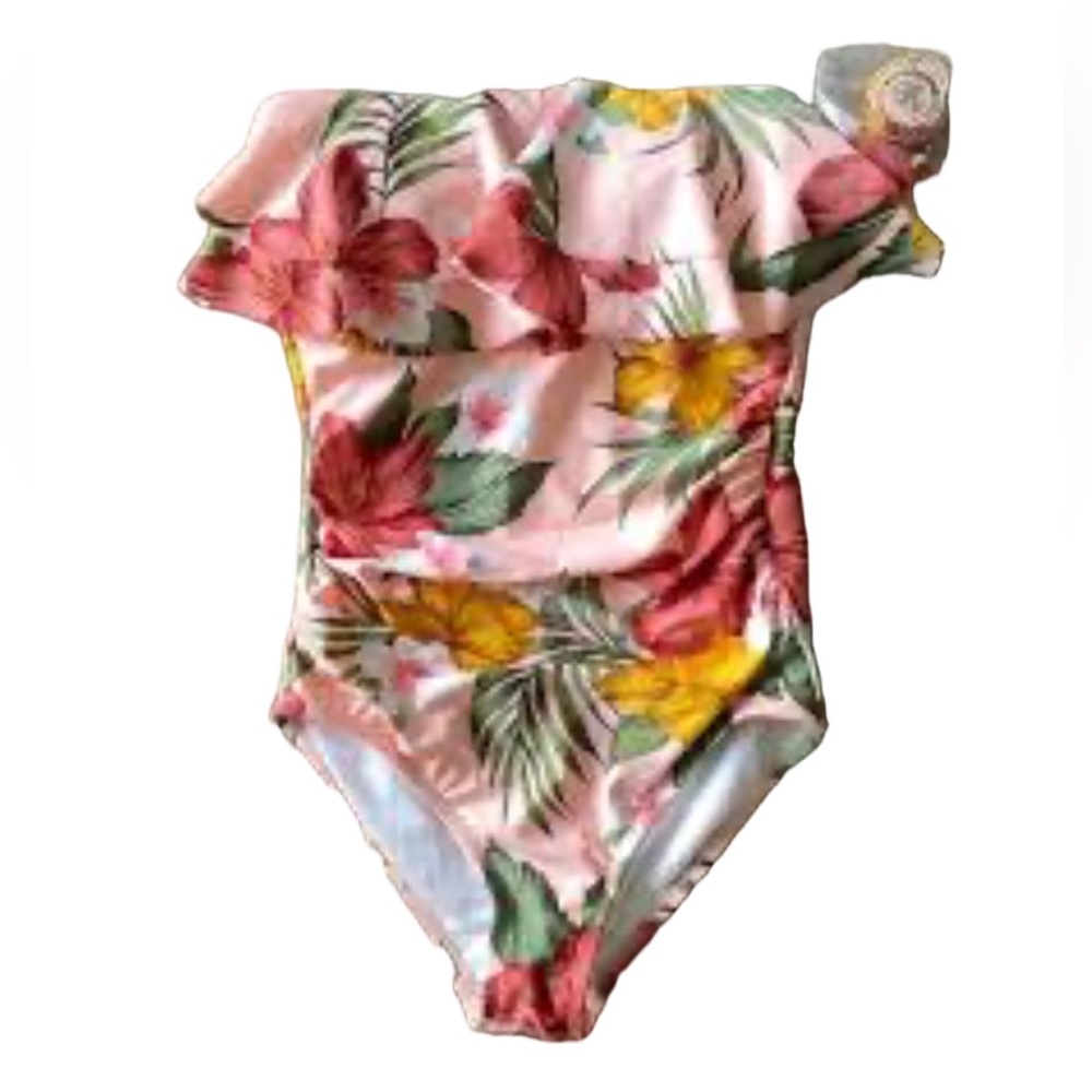 Kona Sol Floral Ruffle One Piece Swimsuit NWT Off Shoulder Tropical Medium